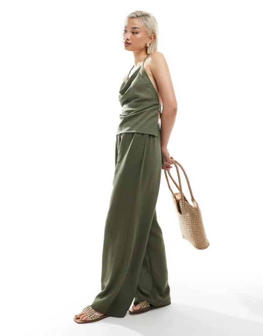Vero Moda linne-look högmidjade vida byxor koord i örtgrön - LGREEN - Image 1