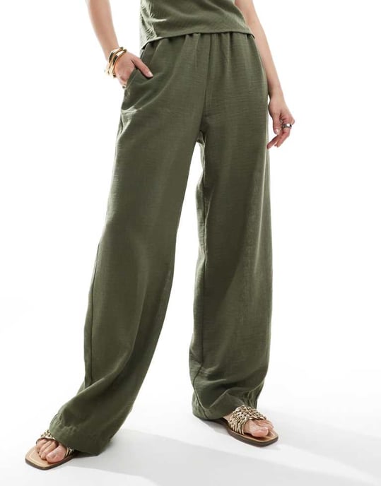 Vero Moda linne-look högmidjade vida byxor koord i örtgrön - LGREEN - Image 3