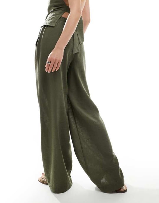 Vero Moda linne-look högmidjade vida byxor koord i örtgrön - LGREEN - Image 4
