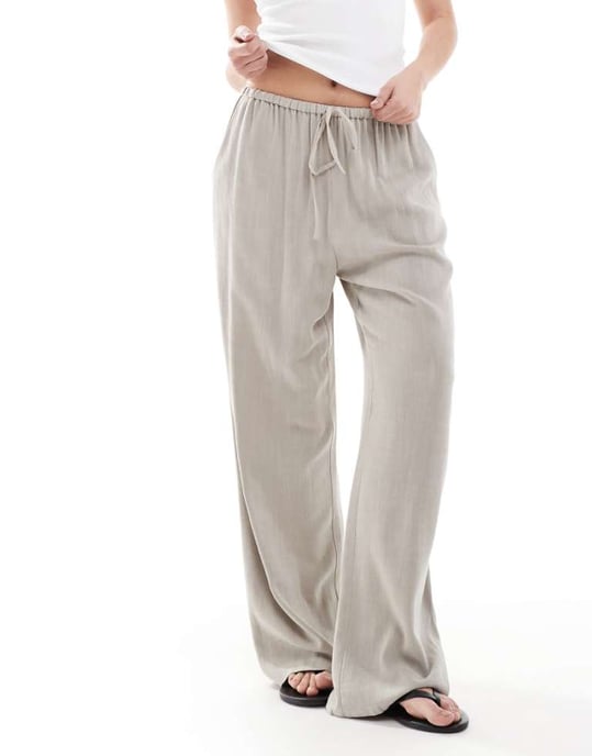 Miss Selfridge linneblandning dragsko midja vida byxor i taupe - Image 1