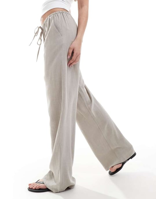 Miss Selfridge linneblandning dragsko midja vida byxor i taupe - Image 3