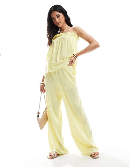 ASOS DESIGN linne-liknande vida ben co-ord byxa i smörkräm - Image 1