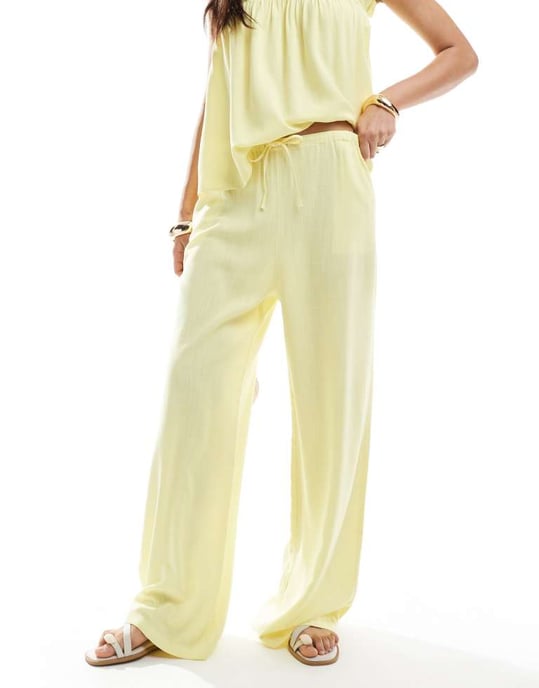 ASOS DESIGN linne-liknande vida ben co-ord byxa i smörkräm - Image 2