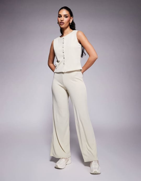 ASOS DESIGN koord ribbad bredbenbyxa i sten - Image 1