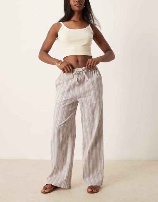 ASOS DESIGN strukturerade linne-liknande vida byxor med resår i flerfärgad rand - Image 1
