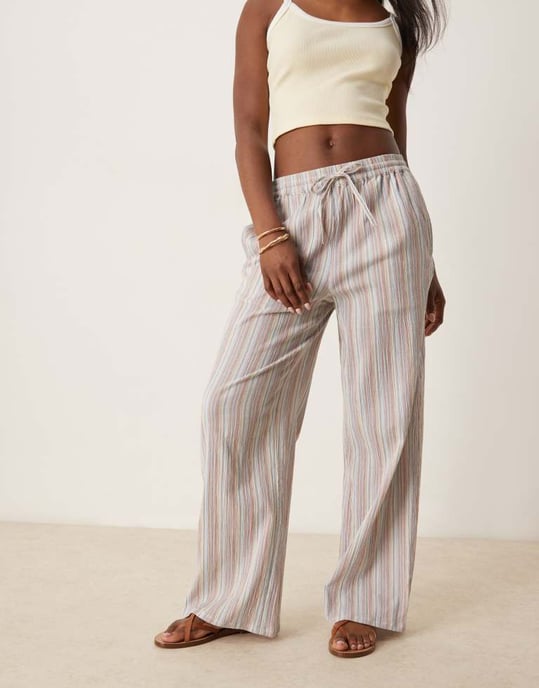 ASOS DESIGN strukturerade linne-liknande vida byxor med resår i flerfärgad rand - Image 2