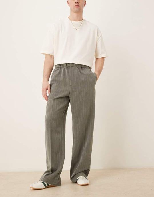 ASOS DESIGN dragsbyxor med vida ben i grått randigt mönster - Image 2