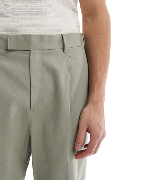 ASOS DESIGN smart vida byxor i linneblandning med framfåll i salviagrön - Image 4