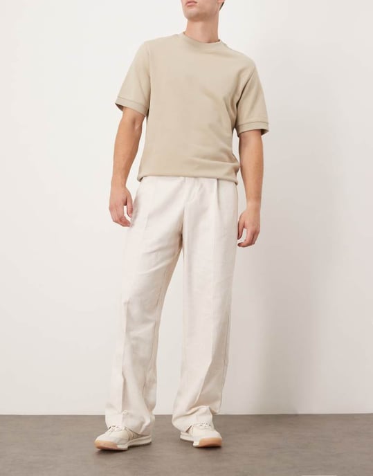 ASOS DESIGN avslappnade smarta vida byxor med framveck i beige textur och elastisk midja - Image 2