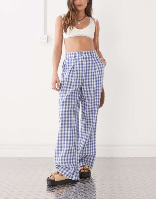 Återvunnen vintage baggy skräddarsydd linne-look byxa i blå rutigt - Image 1