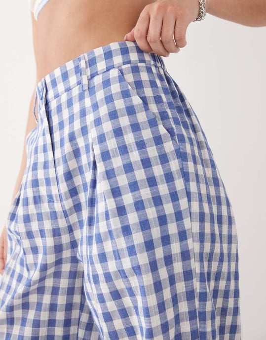 Återvunnen vintage baggy skräddarsydd linne-look byxa i blå rutigt - Image 2