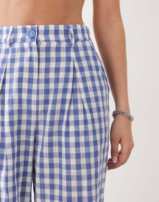 Återvunnen vintage baggy skräddarsydd linne-look byxa i blå rutigt - Image 4