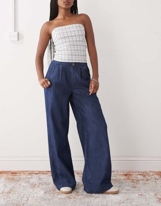 Återvunnen vintage vida skräddarsydda byxor i chambray denim - Image 1