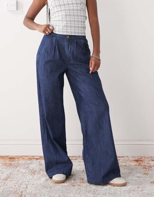 Återvunnen vintage vida skräddarsydda byxor i chambray denim - Image 2