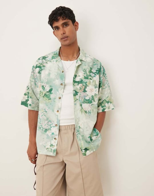 ASOS DESIGN överdimensionerad skjorta med krage i grön blommönster - Image 1