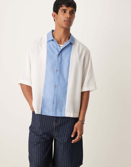 ASOS DESIGN boxig överdimensionerad skjorta i blå och stenskuren sömnad - Image 1