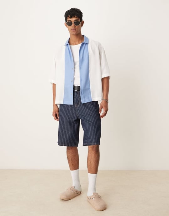 ASOS DESIGN boxig överdimensionerad skjorta i blå och stenskuren sömnad - Image 4