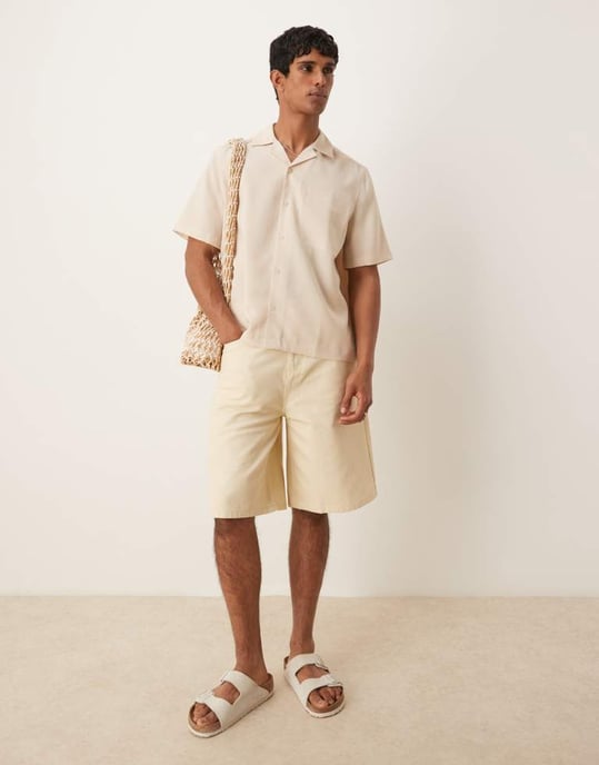 ASOS DESIGN boxig linne-look skjorta i regular fit i sten - Image 3