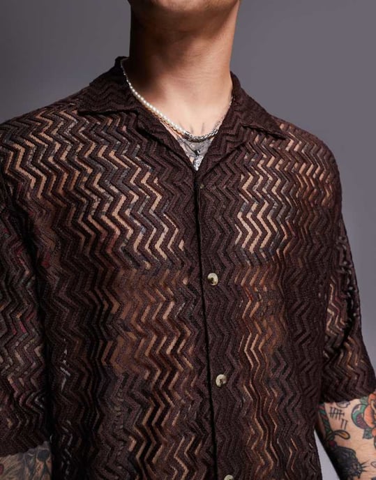 ASOS DESIGN boxy reverskrage skjorta i brunt virkat material - Image 3