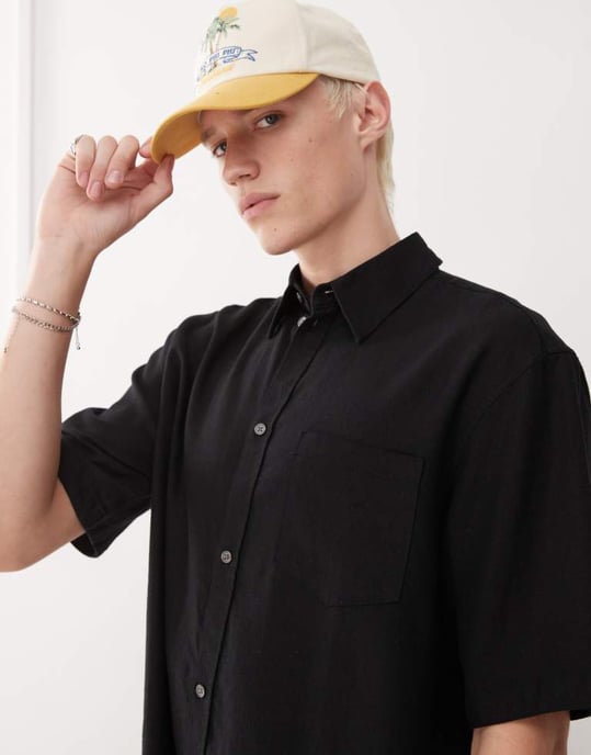 Oversized boxy fit kortärmad skjorta i linne i svart från Weekday - Image 2
