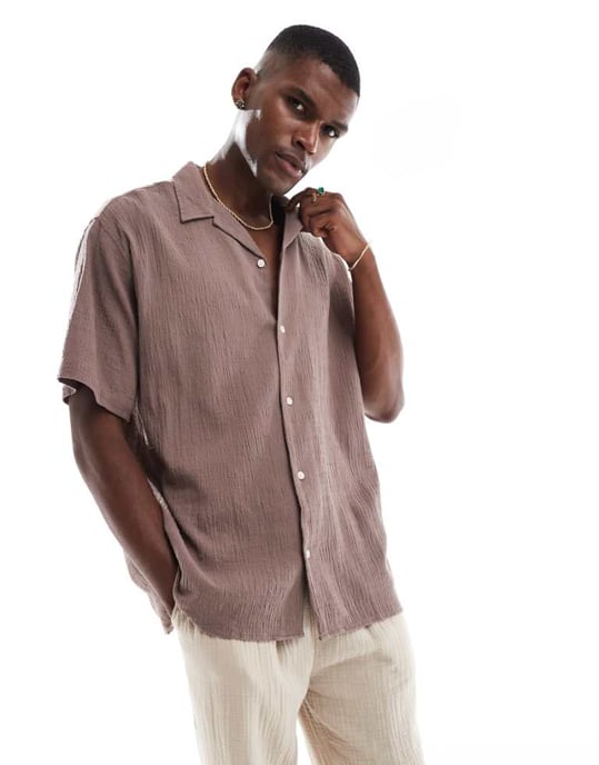 Jack & Jones skjorta med krage i krinklad textur taupe - Image 1