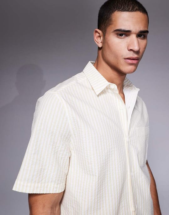 ASOS DESIGN samordnad boxy oversized skjorta i gul seersuckerrand - Image 4