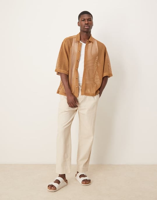 ASOS DESIGN boxy oversized mesh skjorta i beige - Image 2