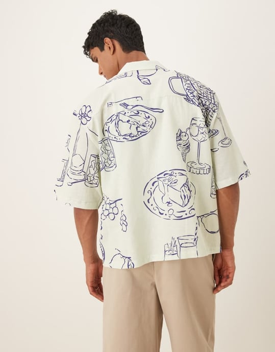 ASOS DESIGN boxig oversized skjorta med picnictryck i krämfärg - Image 3