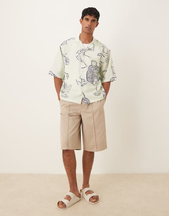 ASOS DESIGN boxig oversized skjorta med picnictryck i krämfärg - Image 4