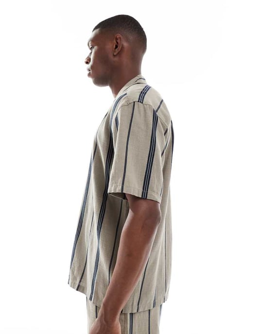 ONLY & SONS linne-look skjorta i beige randig set - Image 2