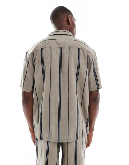 ONLY & SONS linne-look skjorta i beige randig set - Image 3