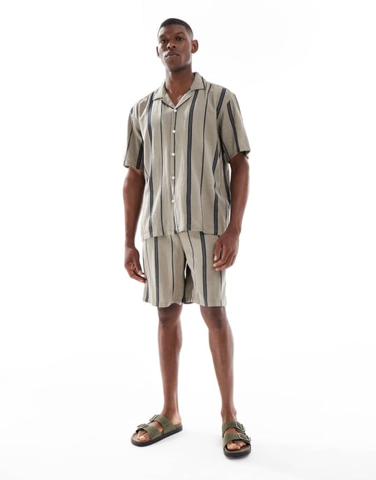 ONLY & SONS linne-look skjorta i beige randig set - Image 4