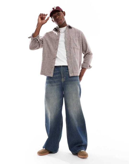 ASOS DESIGN herringbone overshirt med ficka i brunt - Image 2