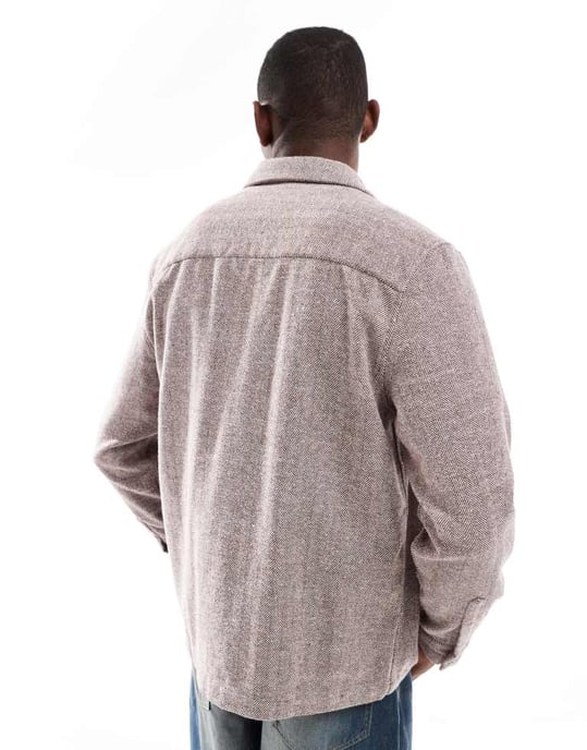 ASOS DESIGN herringbone overshirt med ficka i brunt - Image 3