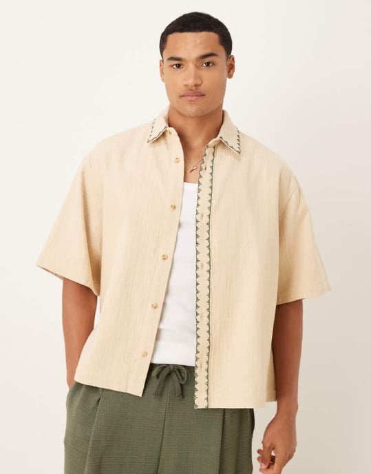 ASOS DESIGN texturerad oversize-skjorta med whip stitch-detalj i sten - Image 1