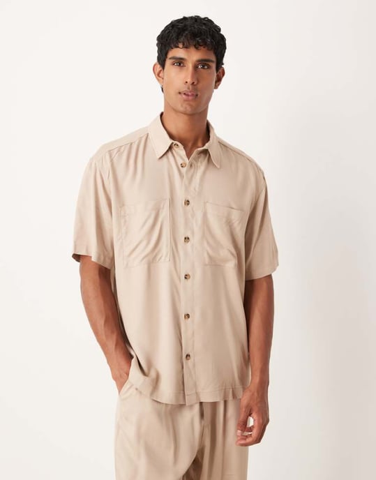 ASOS DESIGN koord avslappnad skjorta i sten - Image 1