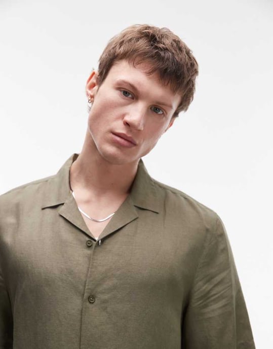 Topman regular fit kortärmad linneblandad skjorta i khaki - Image 2