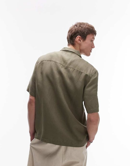 Topman regular fit kortärmad linneblandad skjorta i khaki - Image 3