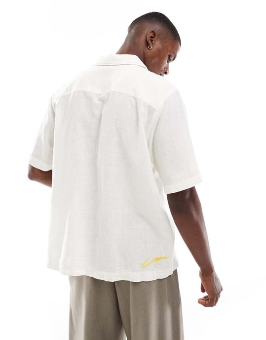 ONLY & SONS broderad skjorta med omvänd krage i off white - Image 3