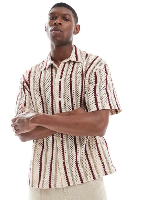 Jack & Jones virkad randig skjorta i beige - Image 1