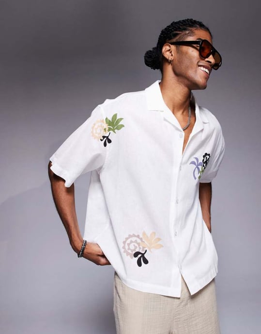 ASOS DESIGN oversized skjorta med revers och tryck i vit - Image 1