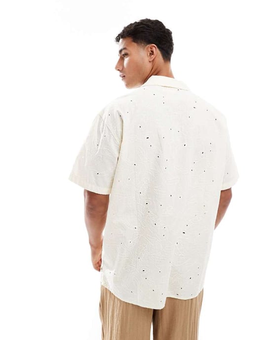 Jack & Jones oversized broderad skjorta i ecru - Image 3