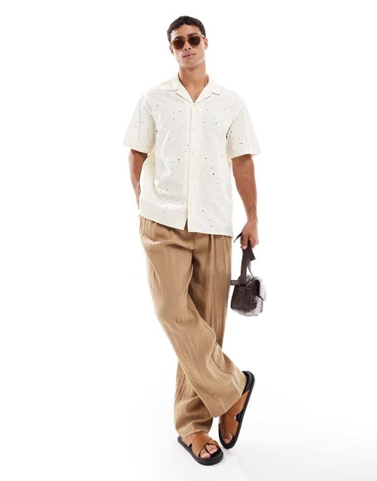 Jack & Jones oversized broderad skjorta i ecru - Image 4