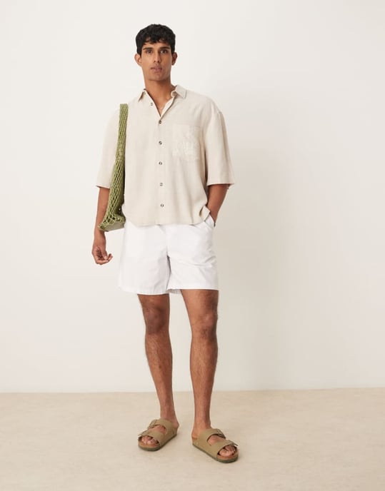 ASOS DESIGN premium linneblandning boxy oversized skjorta med bröstbroderi i beige - Image 3