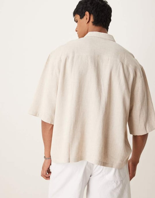 ASOS DESIGN premium linneblandning boxy oversized skjorta med bröstbroderi i beige - Image 4