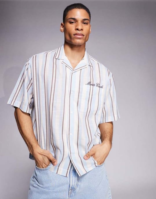 ASOS DESIGN oversized skjorta med broderi på bröstet i blå och brun rand - Image 1