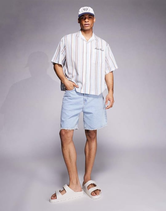 ASOS DESIGN oversized skjorta med broderi på bröstet i blå och brun rand - Image 2