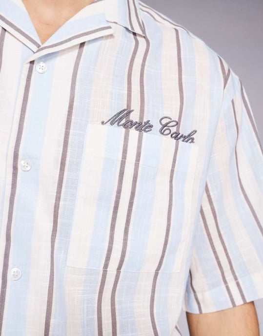 ASOS DESIGN oversized skjorta med broderi på bröstet i blå och brun rand - Image 3