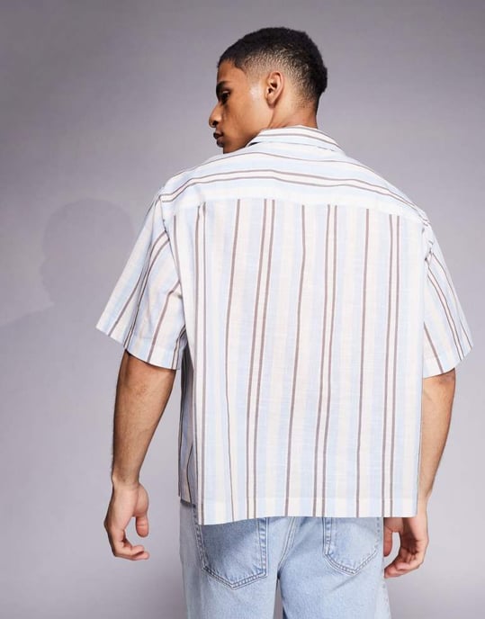 ASOS DESIGN oversized skjorta med broderi på bröstet i blå och brun rand - Image 4