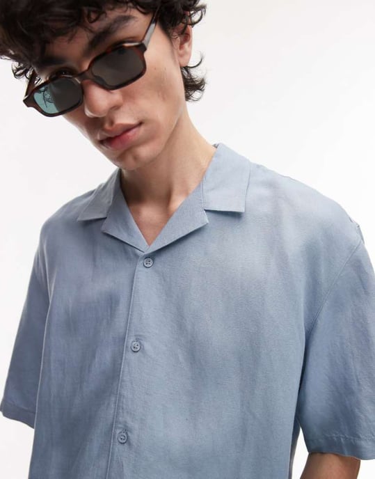 Topman regular fit kortärmad skjorta i linneblandning i ljusblått - Image 1